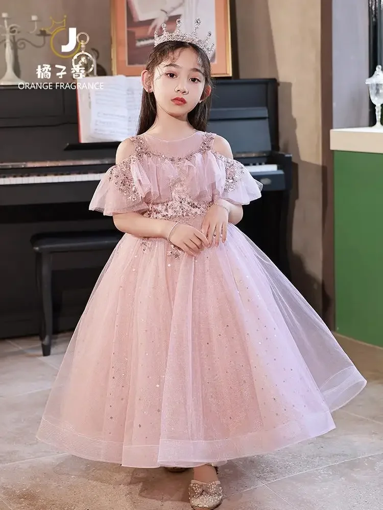 

Girls Pink Lace Flower Dress Pearls Children Wedding Party Dresses Kids Christmas Ball Gown Formal Communion Frocks Clothes