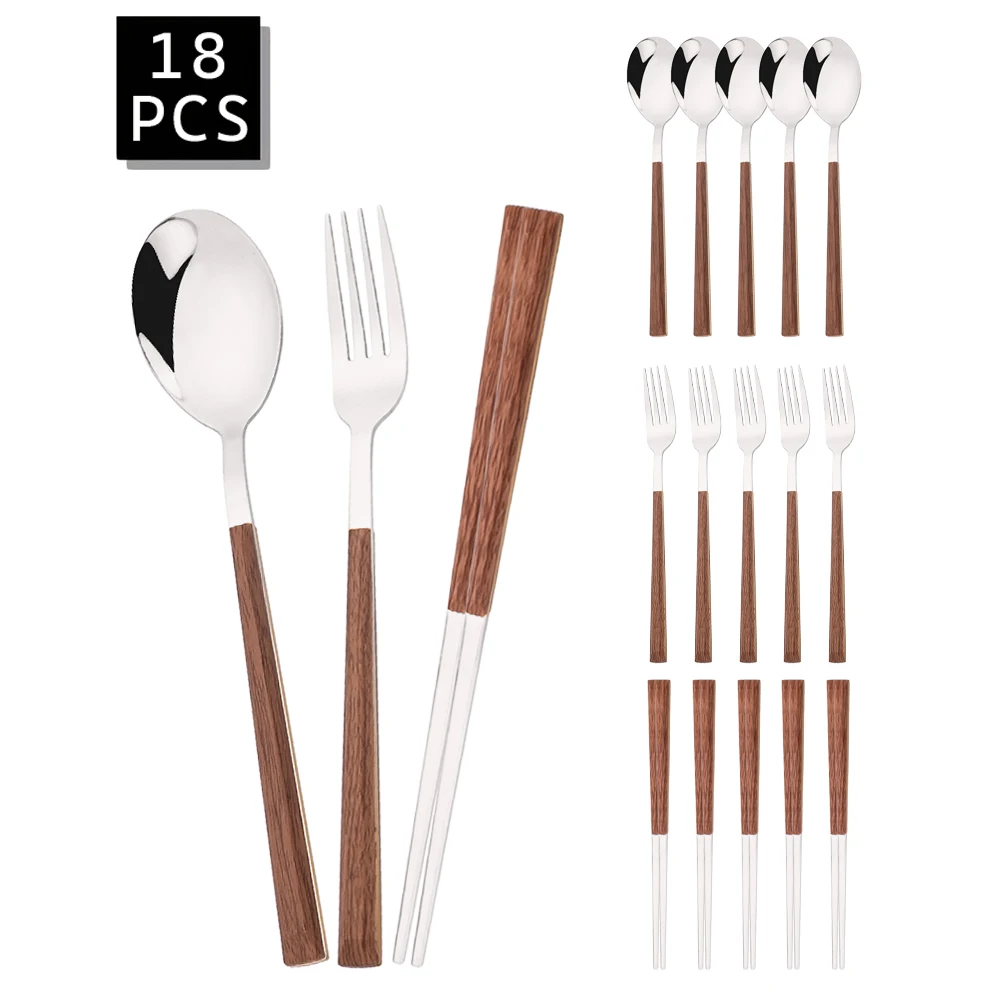 

Silver 18Pcs Korean Style Flatware Cutlery Set Imitation Wooden Fork Spoon Chopstick Set Outdoor Travel Camping Tableware Set