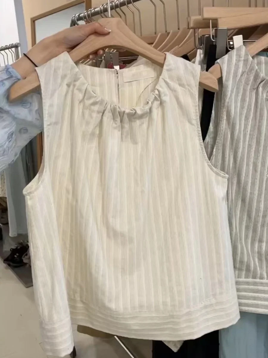 

Корейский простой полосатый жилет Ba Dstring, женский летний маленький размер, универсальный утягивающий топ, круглый Ne