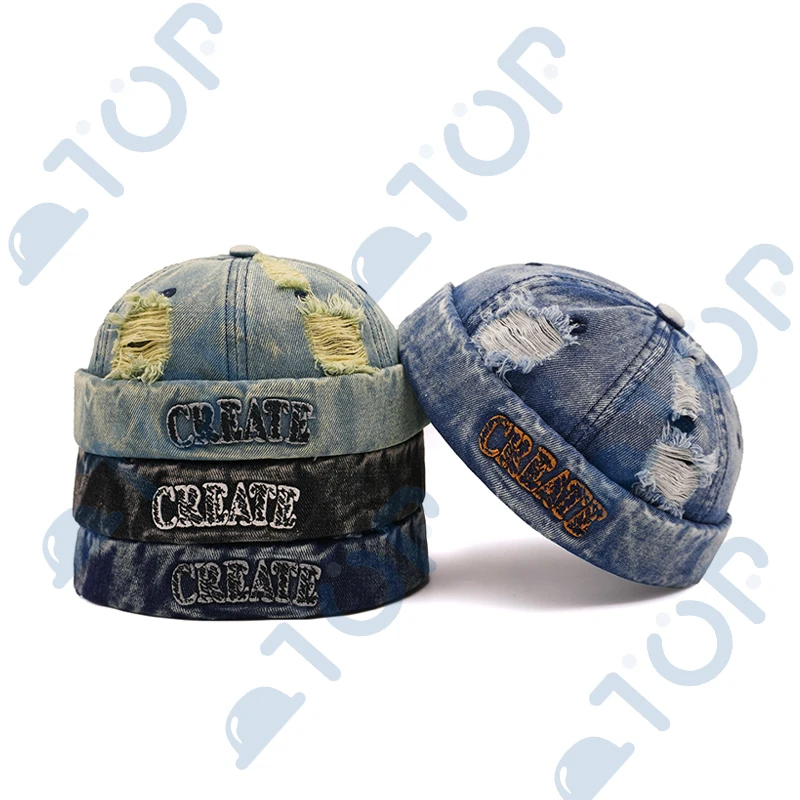 Denim Docker Cap Letter Embroidery Brimless Caps With Visor Tear Design Adjustable Beanie Hat Hats For Men Woman Outdoor Street