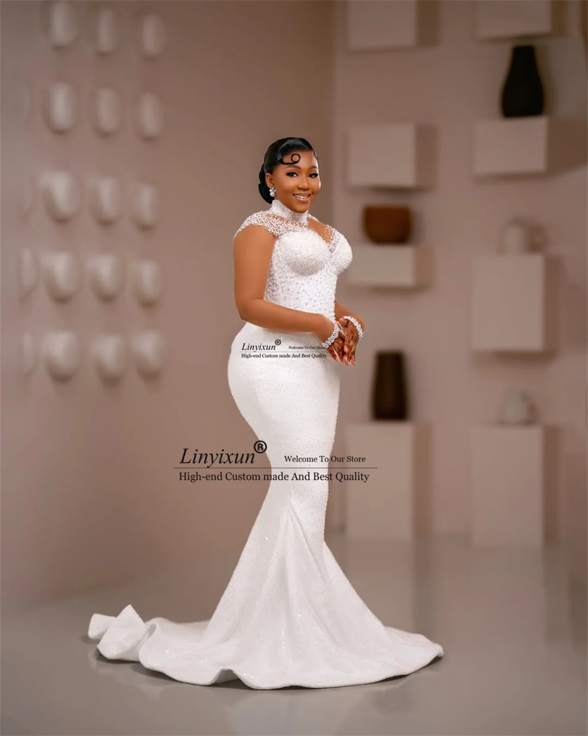 African Sequins Beaded Wedding Dress With Remove Train Customized Mermaid Bridal Gowns Full Sleeves Dubai vestido de novia