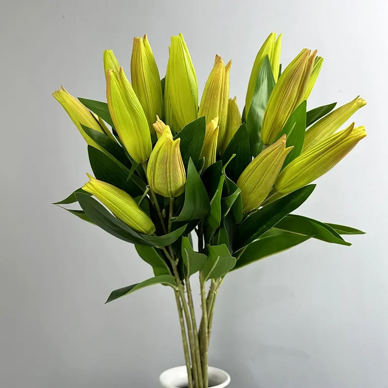 

NEW Lily Flower Bud Artificial Flowers with Leafs Outdoor Garden Decoration 3Heads Rubber Flower Bud for Wedding Table Orchid