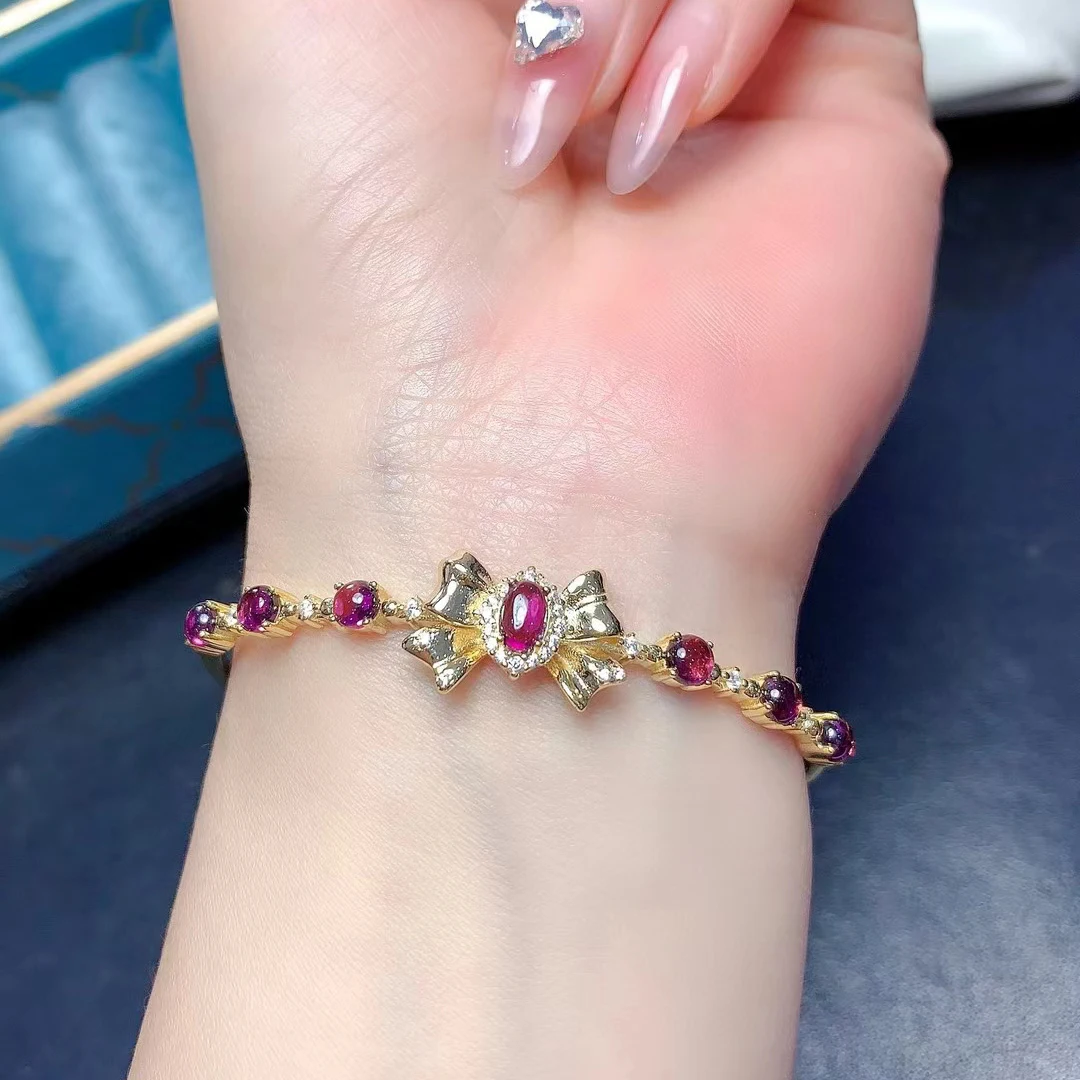 MeiBaPJ Natural Garnet Gemstone Fashion Bow Bracelet 925 Sterling Silver Purple Stone Bangle for Women Fine Wedding Jewelry