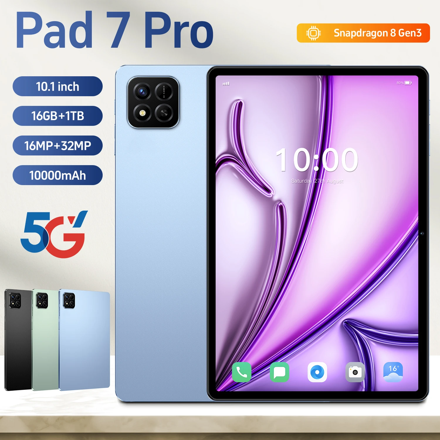 

Планшет Pad 7 Pro Улучшенная версия 10.1" HD-экран Snapdragon 8 Gen3 Android 15 16 ГБ 1 ТБ 5G Dual SIM 10000 мАч 32 МП камера