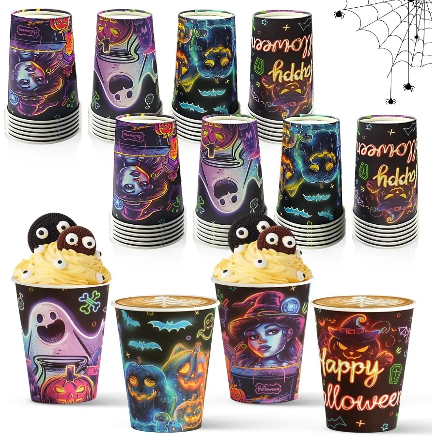 

48 упаковок одноразовых стаканчиков для Хэллоуина, 9 унций, неоновое свечение, одноразовые бумажные стаканчики для Хэллоуина, набор с 4 стильными дизайнами, идеально подходят для трюков или Т