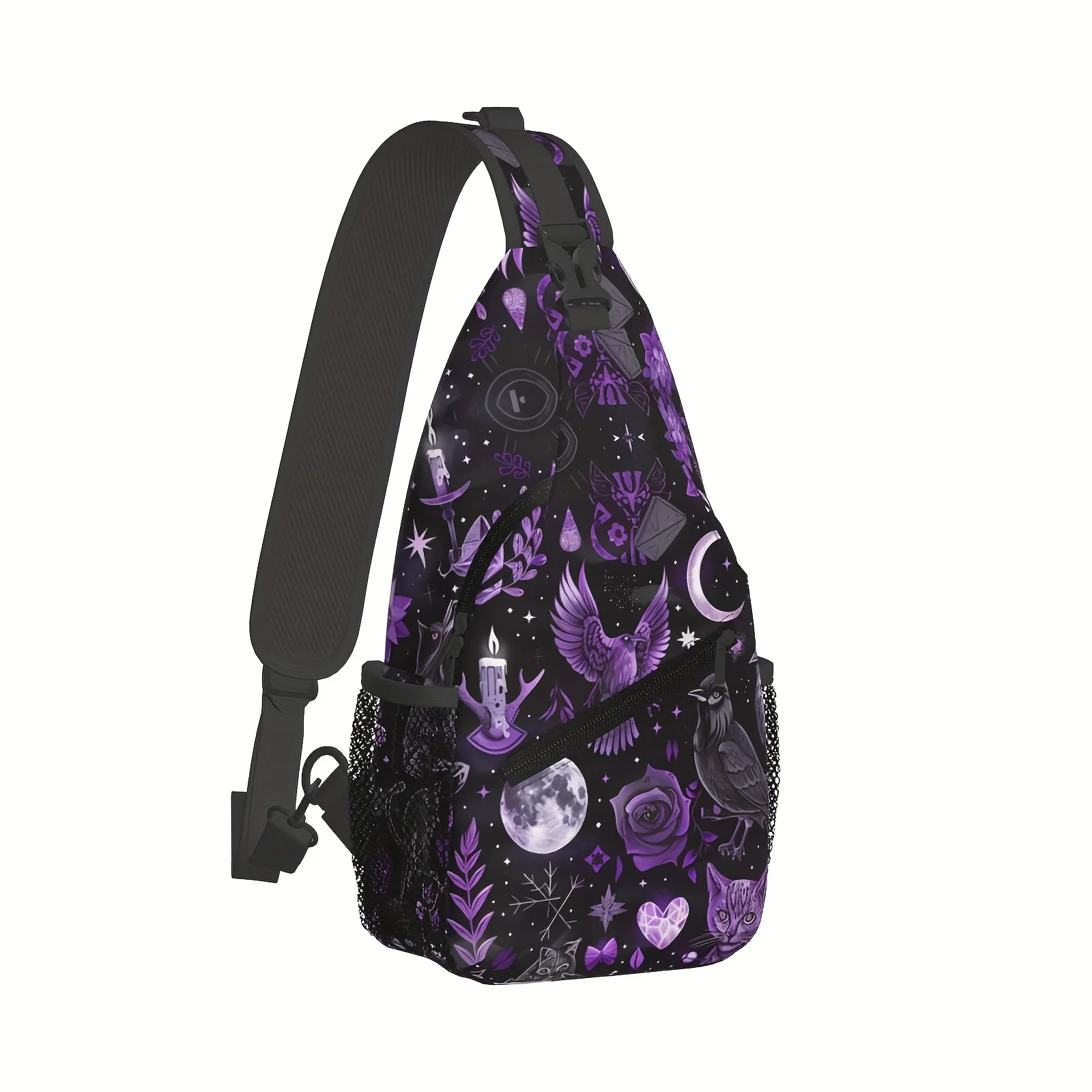 A Versatile Crossbody Chest Bag Suitable for Hiking, Featuring a Gothic Witchcraft Design. This Durable Shoulder Bag