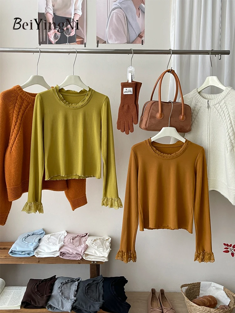 

Beiyingni новые модные футболки женские французские съедобные деревянные грибы кружевные тонкие топы женские базовые повседневные футболки с длинным рукавом