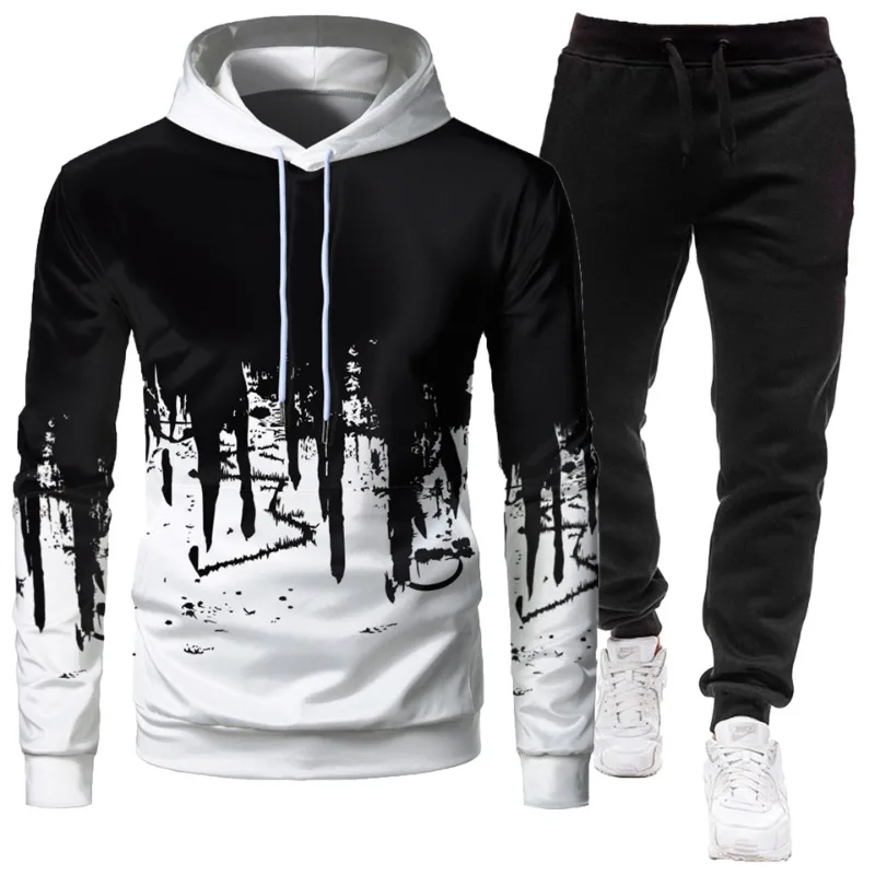 

2025 Crazy Muscle Men's Sports and Casual Hooded Set Doodle Print Slim and Fashion Simple Set