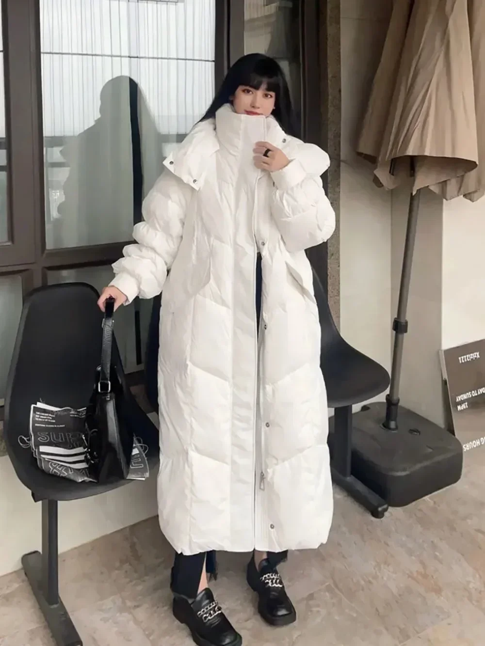 White Duck Down Jacket Women 2024 New Winter Long High Street Solid Thick Warm Female Loose Coat White Belt Ladies Outerwear