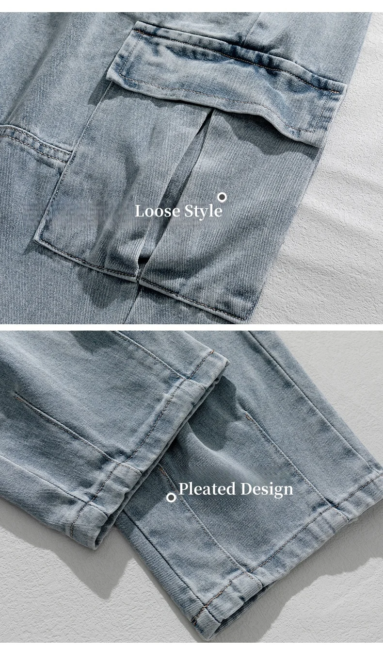 Workwear Pocket Jeans Men's Split Splicing Pleated Washed Japanese Straight Trousers Cool Women