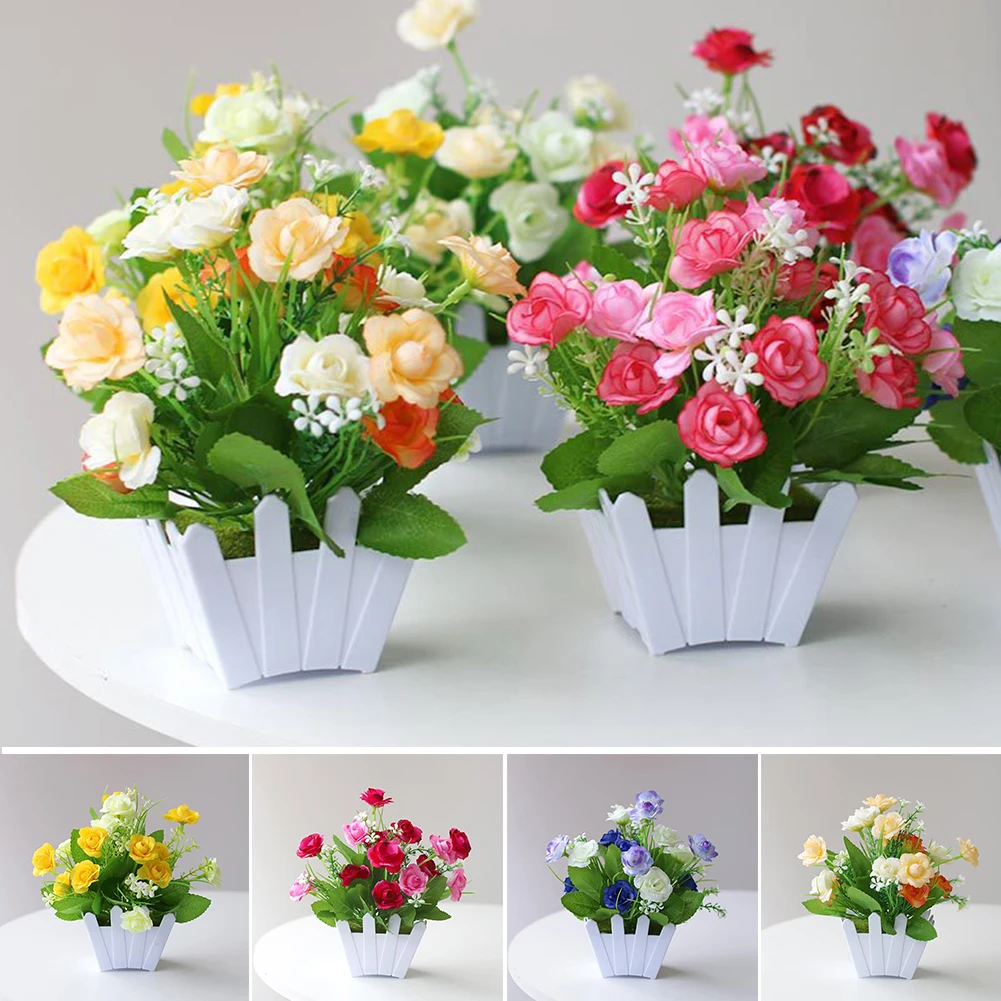 Flores artificiales para decoración del hogar, planta de simulación de plástico, flor falsa en maceta, adornos para sala de estar, juego de flores de valla rosa