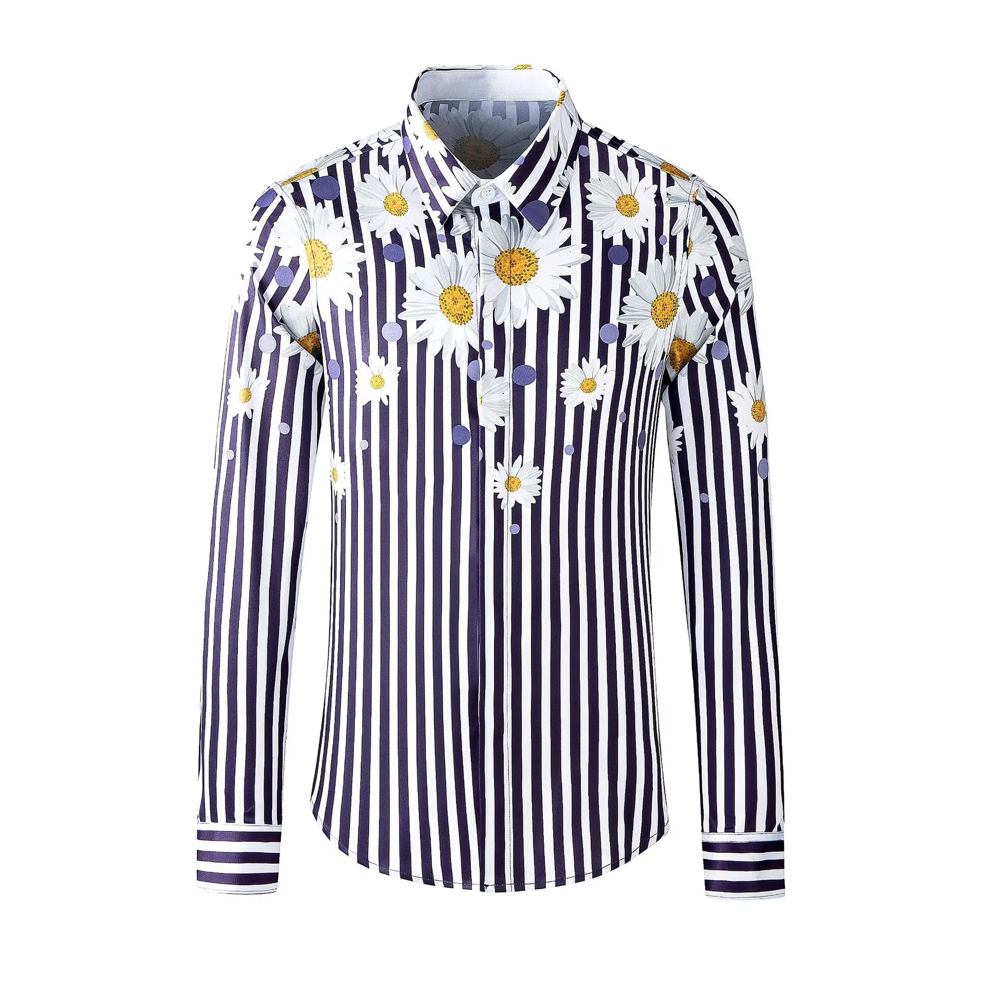 Spring new European and American style sunflower striped printed long sleeved men's fashion shirt men's clothing