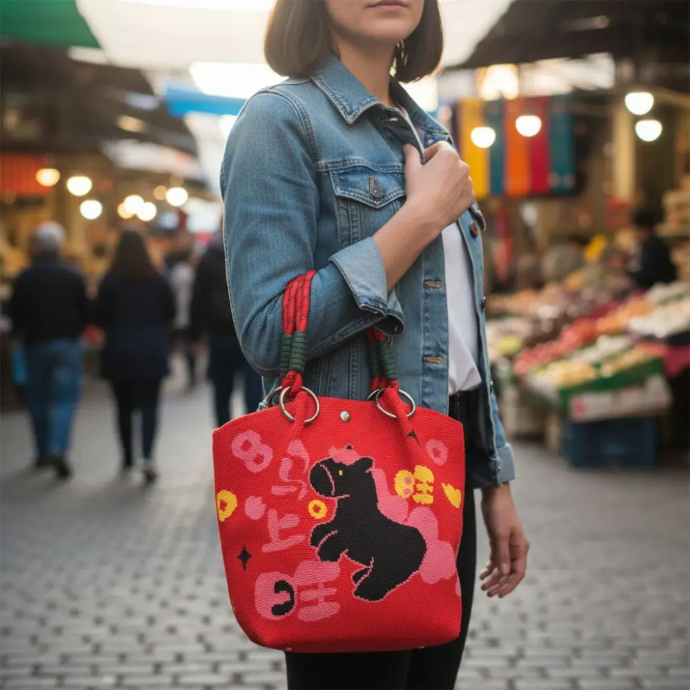 

Fashion 2026 Horse Year New Year Gift Bag Chinese Style Large Capacity Bucket Bag Handmade Cartoon Tote Bag Daily Use