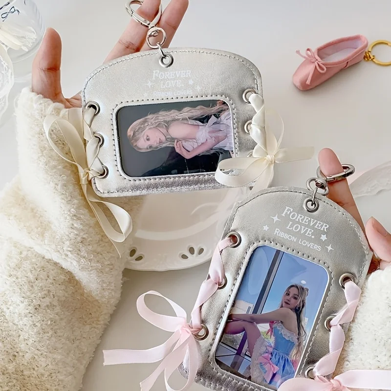 Personalized Custom Silver Leather Pu Card Holder Three-Inch Small Card Display Pendant Protective Cover Diy Ribbon Card Holder