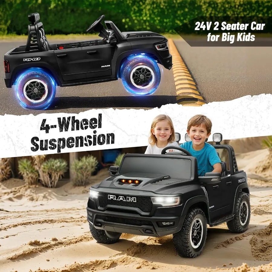 รถยนต์ไฟฟ้าสำหรับเด็กเล่น รุ่น Ram 1500 RHO 24V ขับเคลื่อนด้วยแบตเตอรี่ขนาดใหญ่ พร้อมรีโมทคอนโทรลสำหรับผู้ปกครอง ไฟ LED/เพลง/MP3