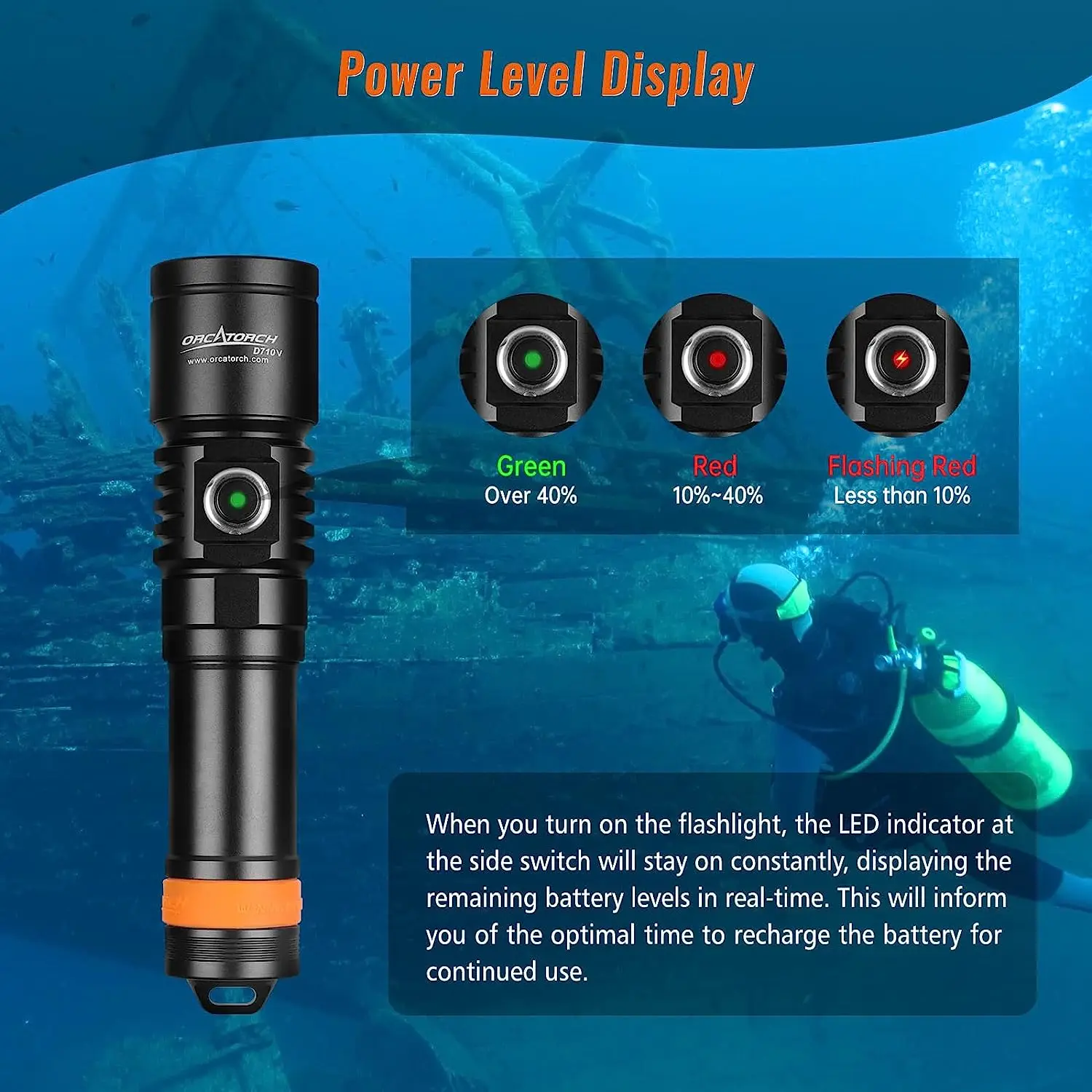 ORCATORCH D710V Luz UV de vídeo subaquática Tocha de mergulho Lanternas LED de alta potência Lanterna USB recarregável profissional 2000 Lumens Scuba Lanterna para Mergulho Fotografia Fill Light Mergulho Noturno Fluore