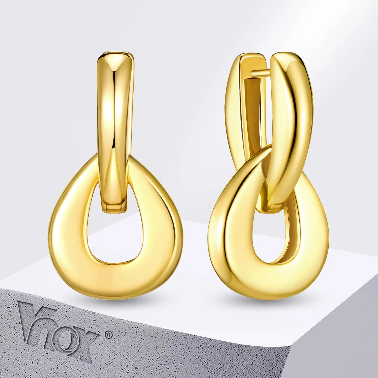 Vnox Hoop Earrings For Women 18k Gold Plated Smooth Double Ring Water Droplet Earring Fashion Classic Jewelry Patry Gift