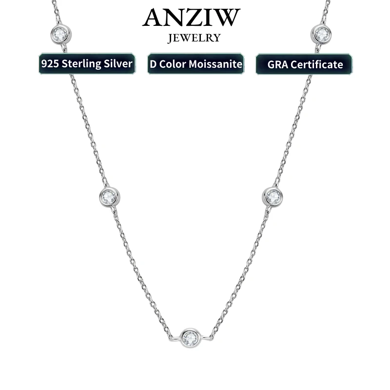 

Anziw Real 2.5mm Moissanite Chocker Necklace 100% 925 Stelring Silver Women Brilliant Round Pendant Wedding Party Jewelry Gift