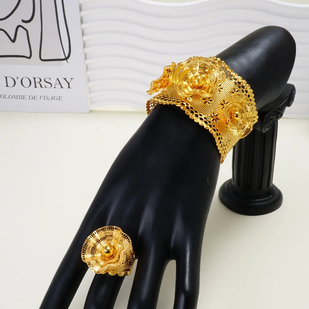 

Arab Fashion Cuff Bangle with Ring Jewelry Set for Women African Luxury Gold Color Bracelet Finger Ring Daily Jewelry Classics