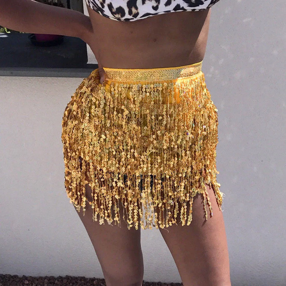 

Sexy Women Belly Dance Hip Tutu Skirt Belt Glitter Sequins Tassel Wrap Skirts Girl Rhinestone High Waist Nightclub Party Skirts