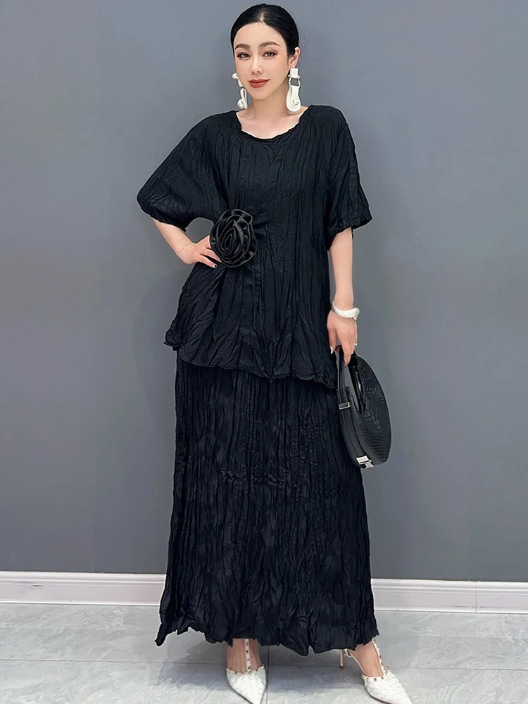 SHENGPALAE O-Neck Half Sleeve Shirt And Long Skirt 2024 Summer New 2 Piece Set Loose Comfortable Fashion Elegant Clothes 5R9700