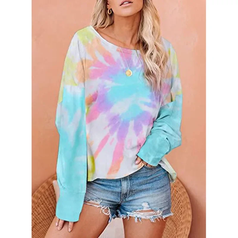 

2024 Top New Tie Dye Gradient Printing Long Sleeve Round Neck Casual Pullover Sweater Fashion Female Clothing Outfits for Women