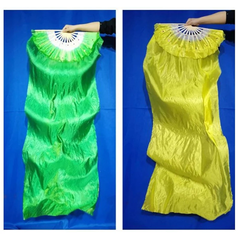 Chinês meio círculo dança do ventre fã, bambu SilkVeil pares, corante de mão para adultos, longo Bellydance fã, venda quente