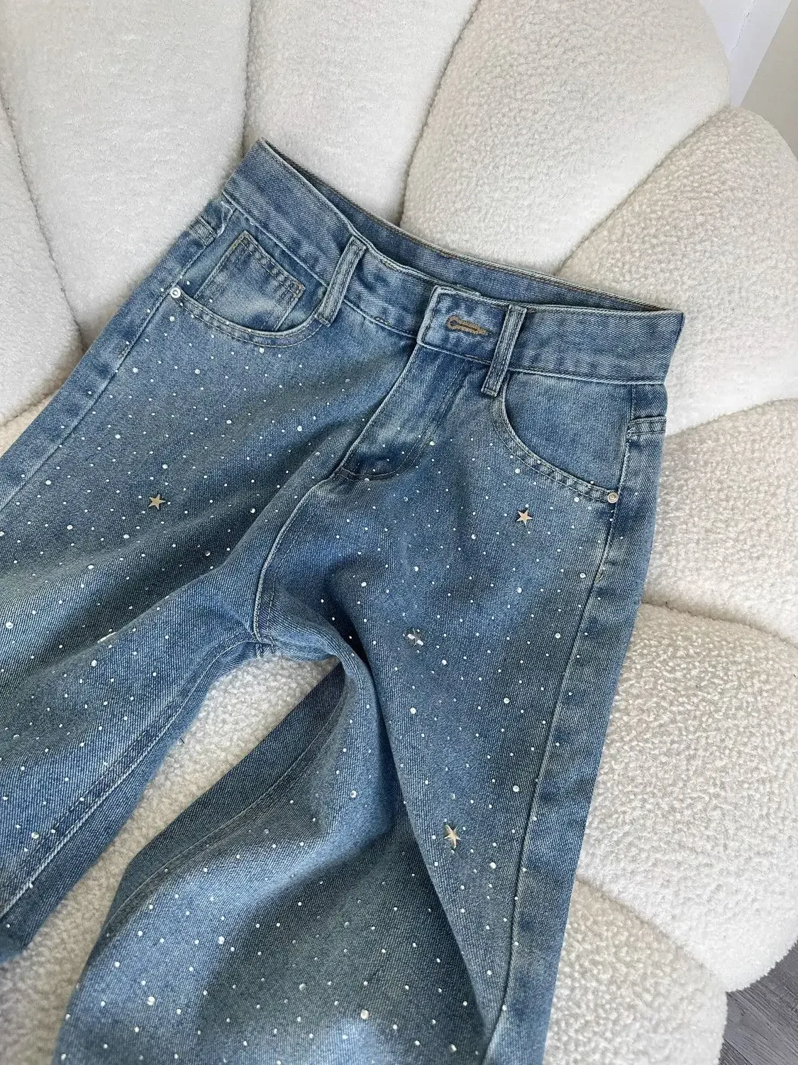 

New fashion diamond-inlaid blue straight high waist women jeans retro street style loose harajuku hip hip y2k pants