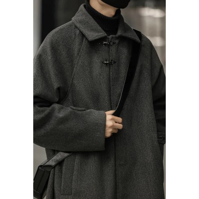 

Korean Sle Men's Woolen Coat with Metal Bule Mid-Length Autumn Winter Faion Ele Casual Outerwear for Teens