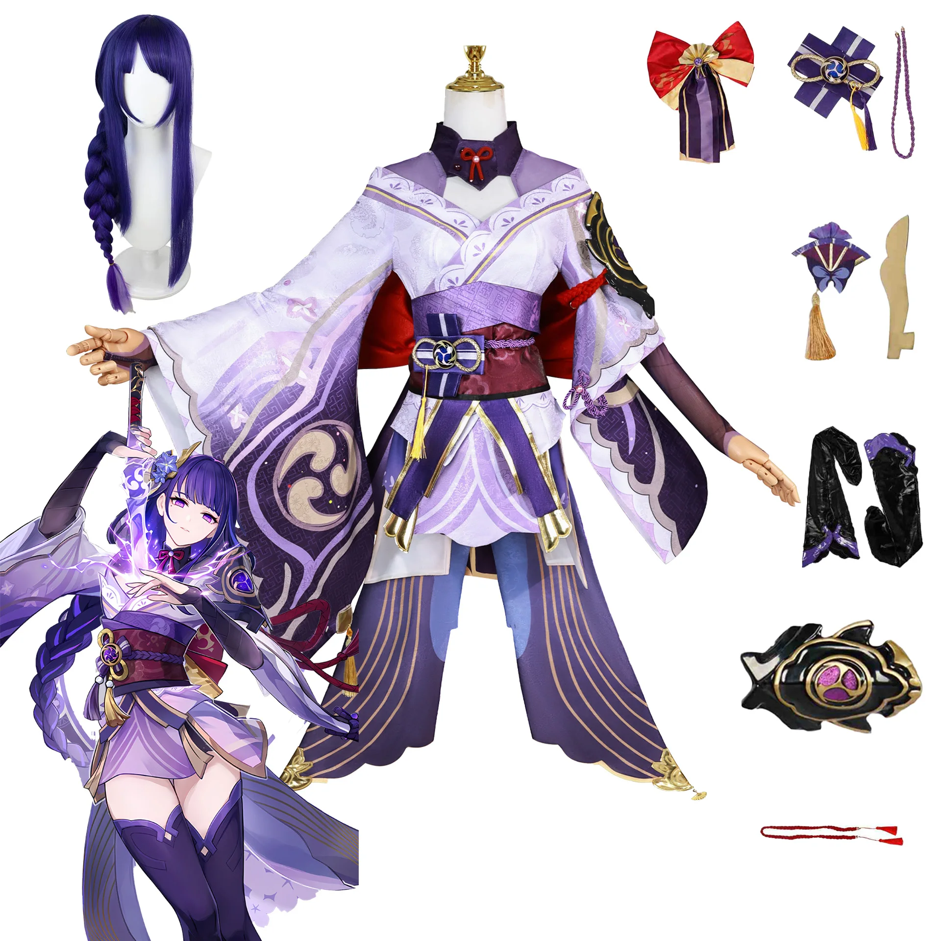 Hochwertiges Raiden Shogun Cosplay-Kostüm mit Perücke, Game Impact Raiden Cosplay Damenkleid, Rollenspiel-Outfit