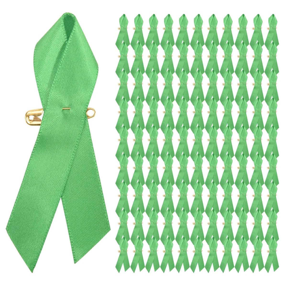 100 Pieces Awareness Ribbon Satin Ribbon Lapel Pins Fabric Ribbons with Pins for Women Men (Green)