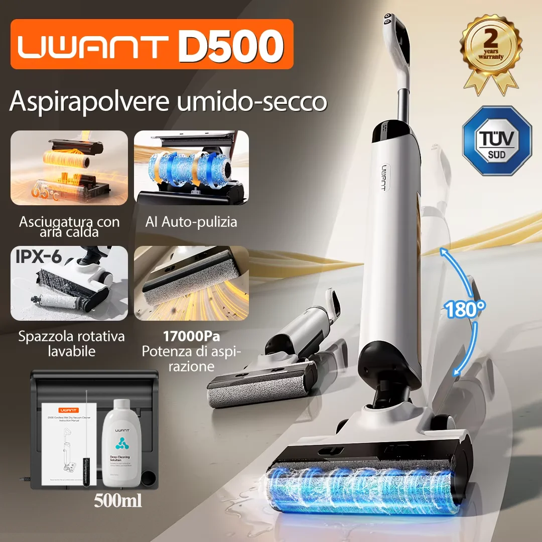 Aspirapolvere UWANT D500 Wet Dry 17000Pa Aspirazione 180 ° Mop senza fili Lay-Flat AI autopulente 65 ° C Essiccazione Bordo triplo lato