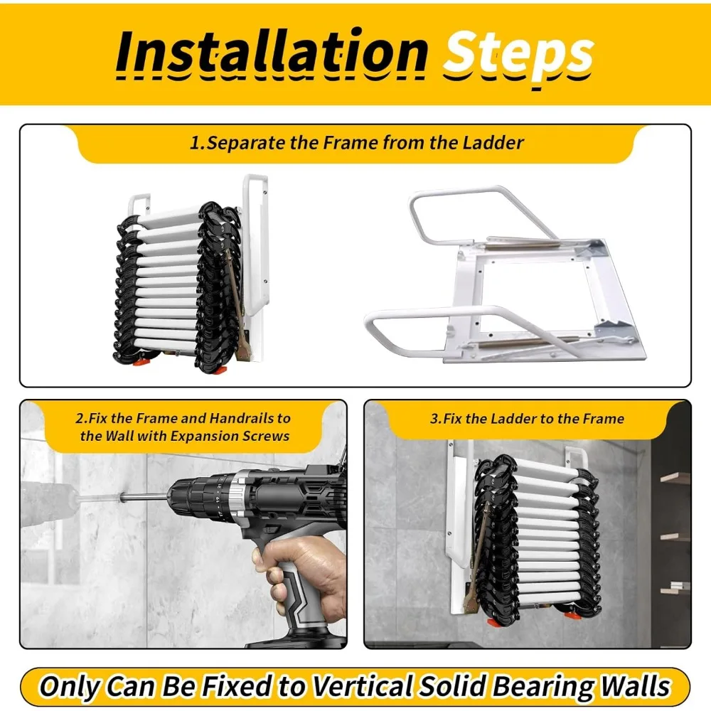 12FT Wall Mounted Attic Ladder Pull Down System, 12-Step Al-Mg Alloy Collapsible Ladder Pull Down Attic Stairs, 882LBS Capacity