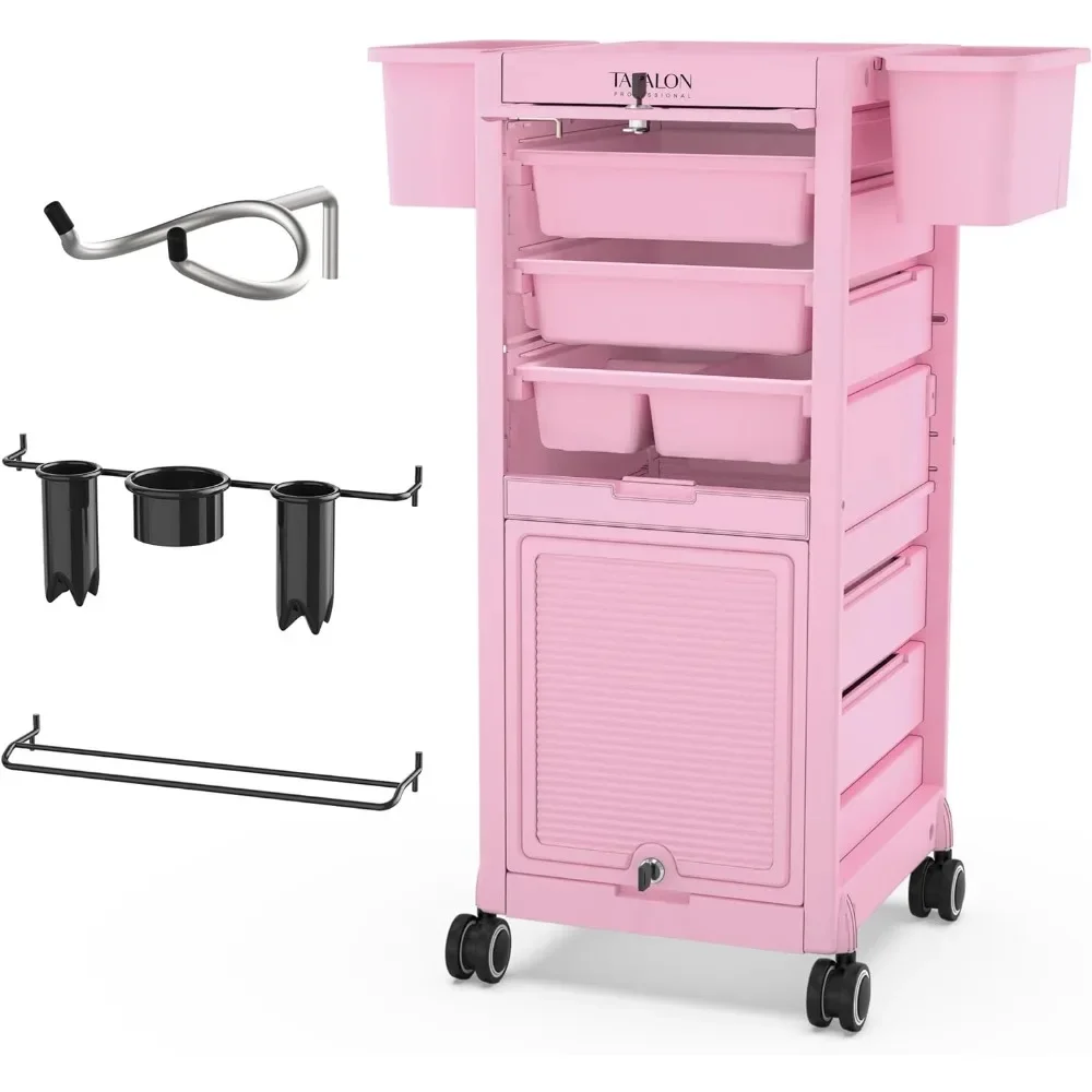 Lockable Beauty Salon Cart - Salon Stations with 6 Drawers and Tool Holders, Rolling Cart with Wheels, Lock and Door, Pink