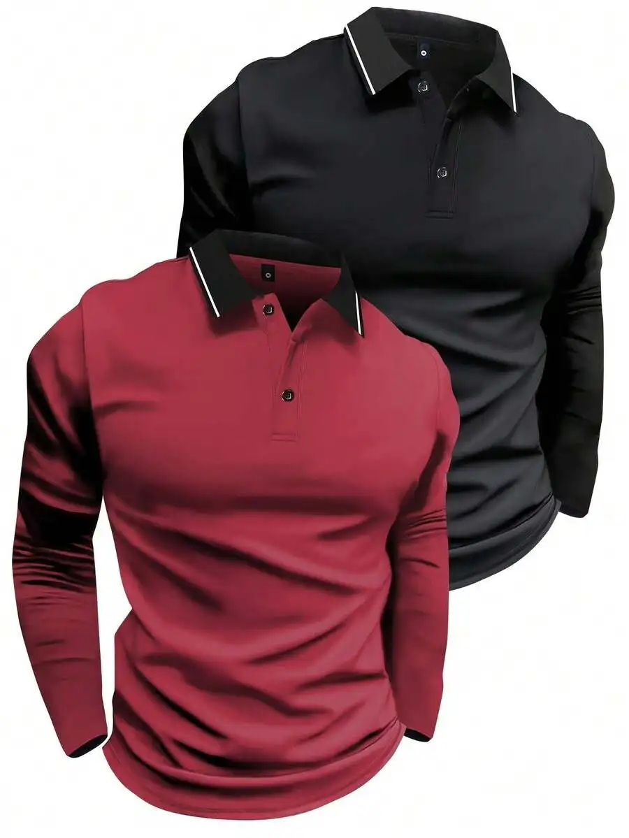 

Комплект из 2 мужских поло с длинным рукавом, повседневный, приталенный крой, для весны и осени