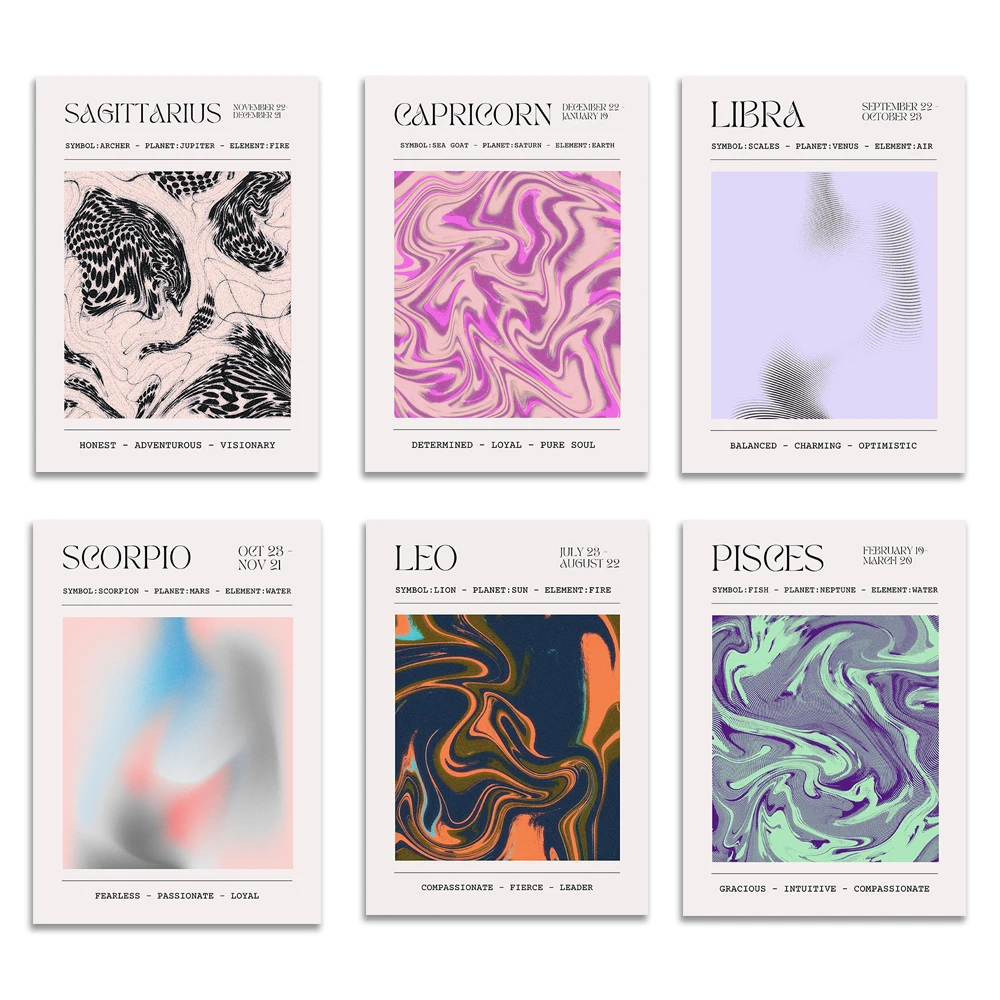 Póster del Zodiaco con Impresión de Astrología y Horóscopo, Escorpio, Sagitario, Piscis, Libra, Leo, Virgo, con un Elegante Degradado y Halo Estético