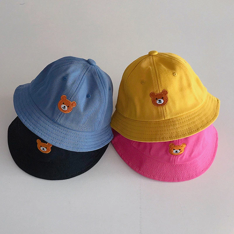 New Baby Bucket Hat Cartoon Cute Bear Embroidery Sun Hats  Soft Cotton Outdoor Children Fisherman Panama Cap