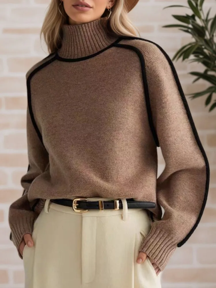 

Осень-зима, трехмерный полосатый утягивающий повседневный свободный пуловер с полувысоким воротником, топ, женский свитер в ленивом стиле