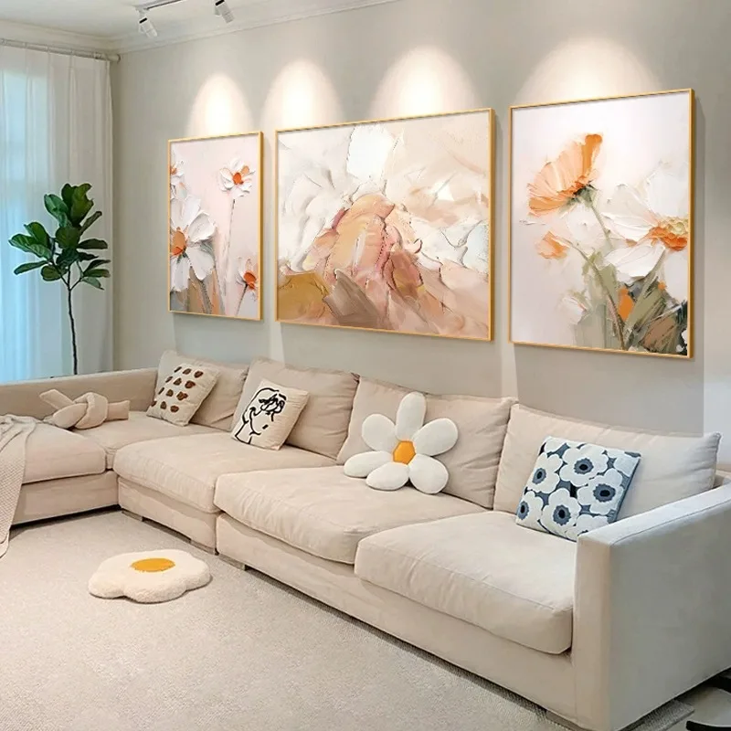 

Abstract canvas, pure hand-painted oil painting, floral triptych, high-end wall art in the living room