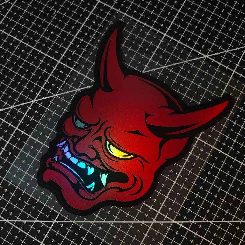 Red Hannya Demon Face Car Decal Iridescent Laser Vinyl Sticker Waterproof Self Adhesive Auto Motorcycle Laptop Decor