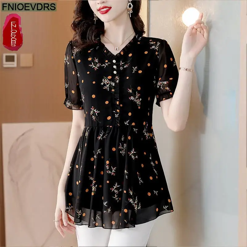 M-4XL 2023 Loose Clothes Women French Design Elegant Office Lady Black Chiffon Shirt Retro Flower Print Peplum Tops Blouses