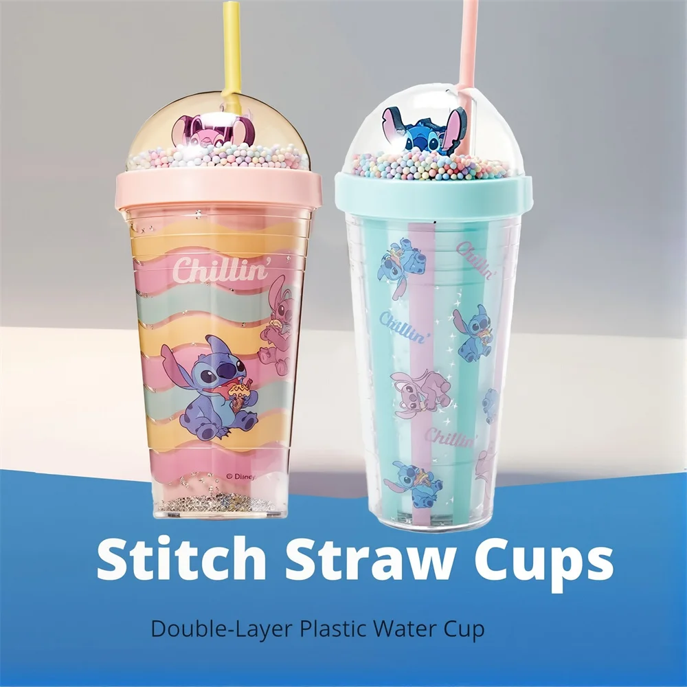 420ml MINISO Disney Lilo & Stitch Angelo Coppia Cartoon Doppio Strato di Plastica Tazza di Acqua Tazze di Paglia Regalo Portatile per ragazzo e ragazza