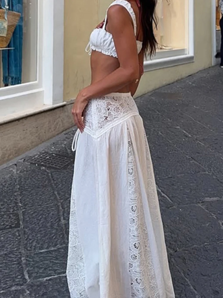 

Женский элегантный однотонный комплект из 2 предметов без рукавов, модная кружевная юбка для вечеринки, сексуальный топ на бретельках с открытыми плечами и длинная юбка, костюм