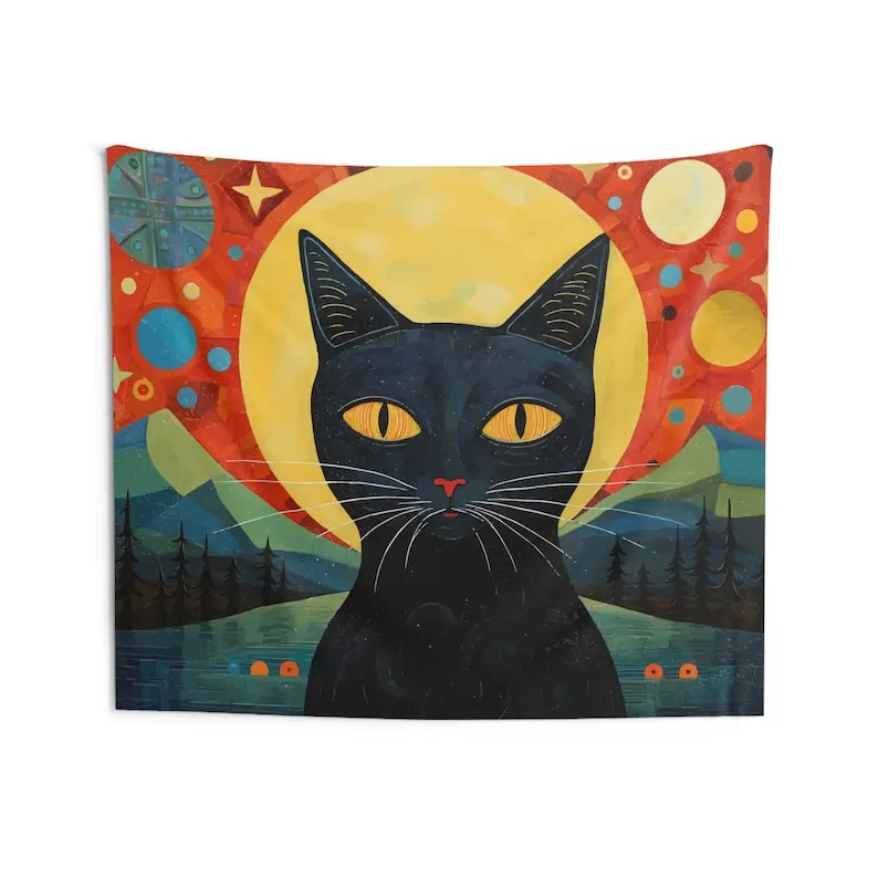 Sweet Cat Art Wall Tapestry, Abstract Art Wall Hanging Colorful Cute Cat Tapestry, Cat Lovers Gift Home Decor