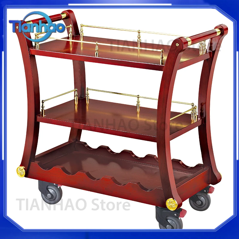 Luxury Modern 3-Tier Wooden Wine Trolley with Gold Accents for Hotel Bar Restaurant Catering Mobile Beverage Service Cart for