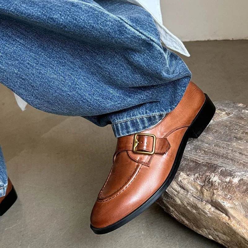 

MKKHOU Fashion Women's Shoes New High Quality Genuine Leather Loafers Belt Buckle Low Heel Leather Shoes Daily Lightweight Shoes