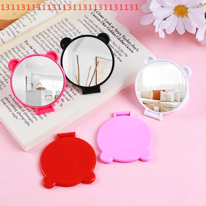 듀얼 유즈 데스크탑 거울, 학생용 저렴한 손잡이형 곰 귀 세로형 HD 메이크업 거울, 휴대용, 접이식, 세로형