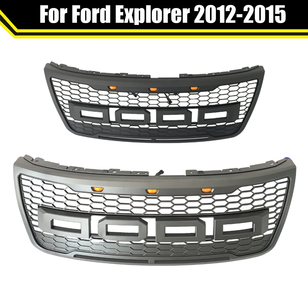 Off Road Car Parts ABS Grey Black Front Upper Bumper Grille Grill For Ford Explorer 2012 2013 2014 2015 With LED Lights+Letters