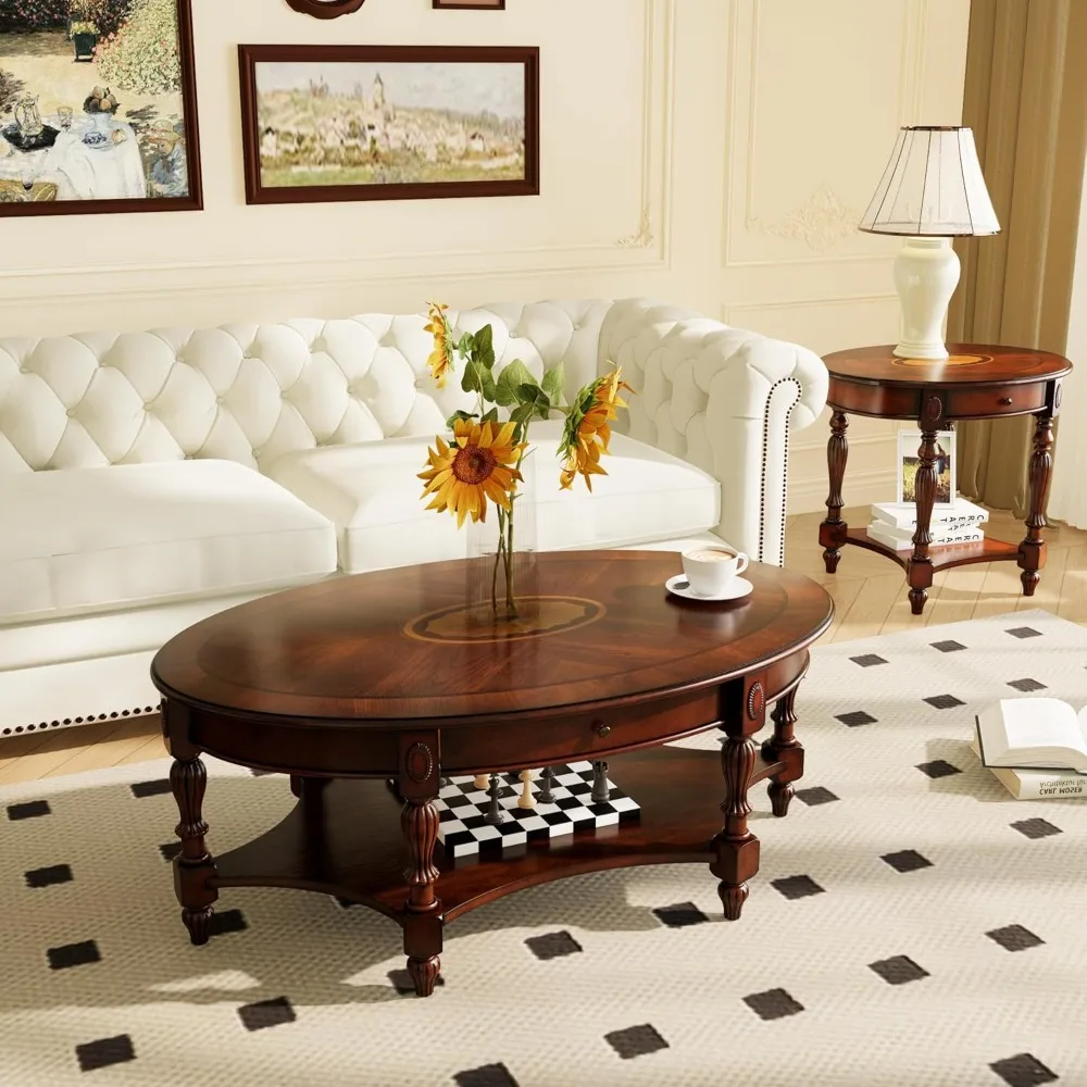 Oval Coffee Table for Living Room, Cherry Solid Wood Coffee Table with Storage Drawer, Victorian Antique Vintage Coffee Table