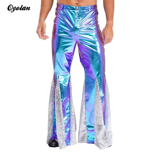 Pantalones largos acampanados metálicos brillantes para hombre, pantalones de discoteca de los años 70, pantalones Hippie Vintage, pantalones de fiesta de baile, pantalones acampanados brillantes